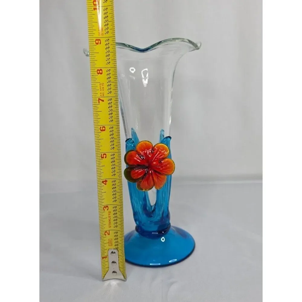 Vintage Murano Style Art Glass Vase | Blue Waves w/ Orange Flower | Hand Blown